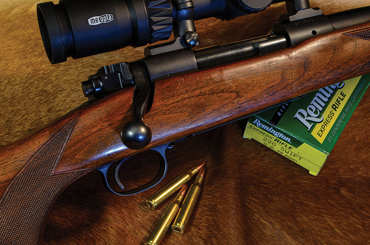 Pre-‘64 Winchester Model 70 in 220 Swift, manufactured in 1953. The scope is a Meopta Optika5 MeoPro 4-20x 50 RD. Remington still offers factory ammunition with a 50-grain pointed softpoint bullet.